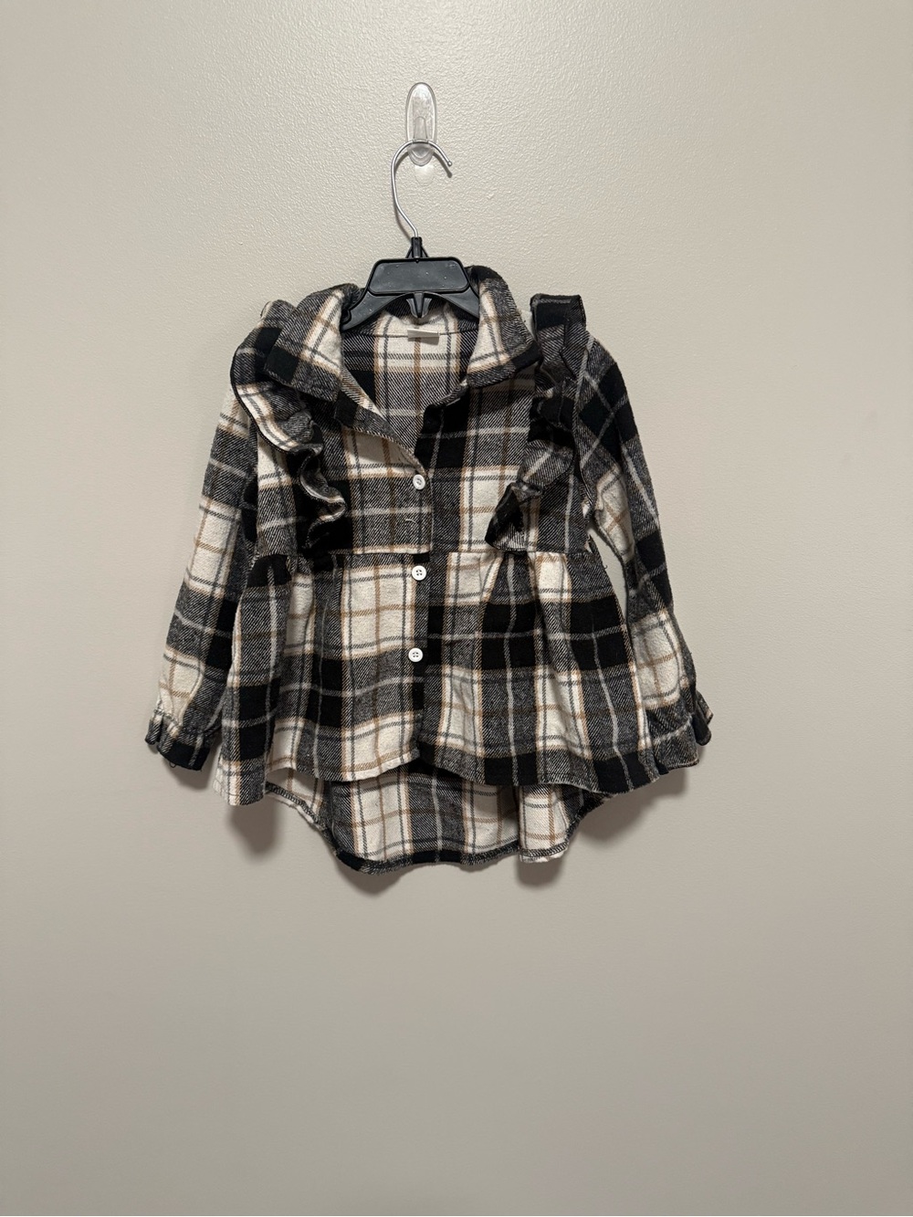 Girls Black & Cream Plaid Ruffle Button-Down Shirt